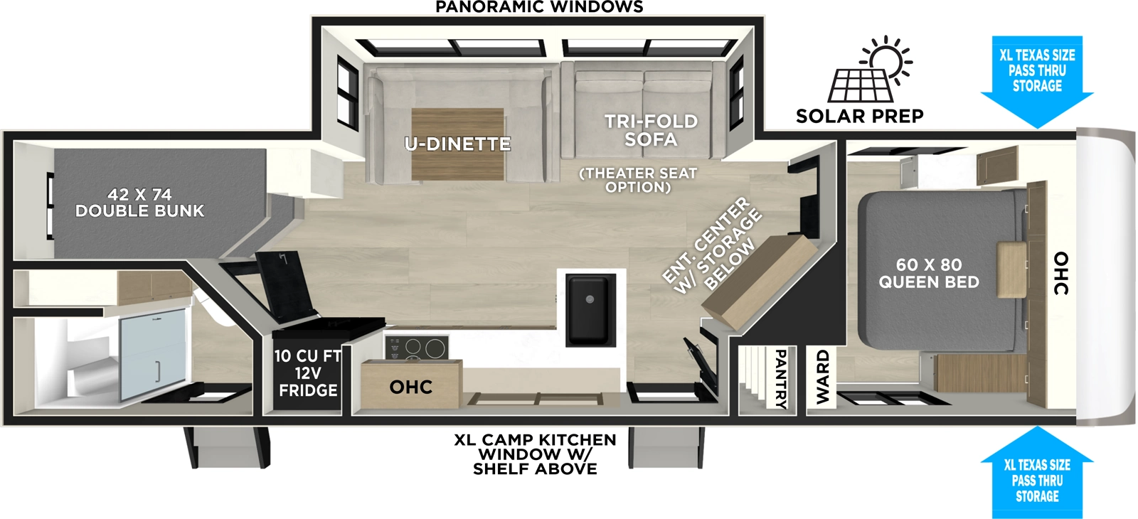 The Hemisphere Travel Trailers 25BHHL floorplan has two entries and one slide out. Exterior features include: fiberglass exterior and 20' awning. Interiors features include: bunk beds, u-dinette and front bedroom.